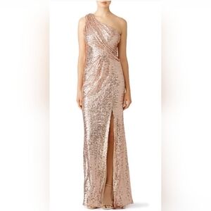 Badgley Mischka One Shoulder Gold Sequin Dress With Slit Size 6